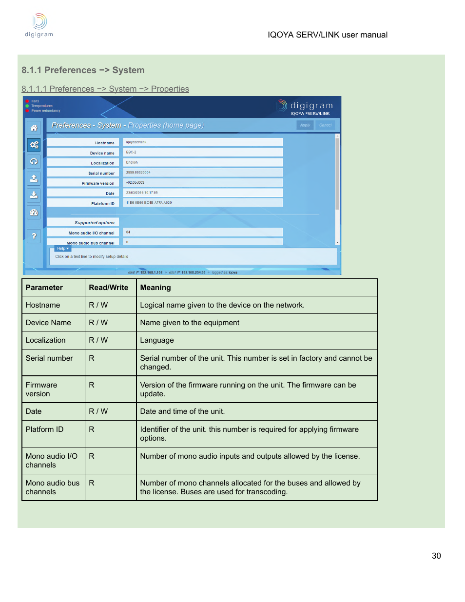1 preferences −> system, 1 preferences −> system −> properties | Digigram Software for IQOYA SERV/LINK 88 (Upgrades from 8 Codecs to 16) User Manual | Page 30 / 160