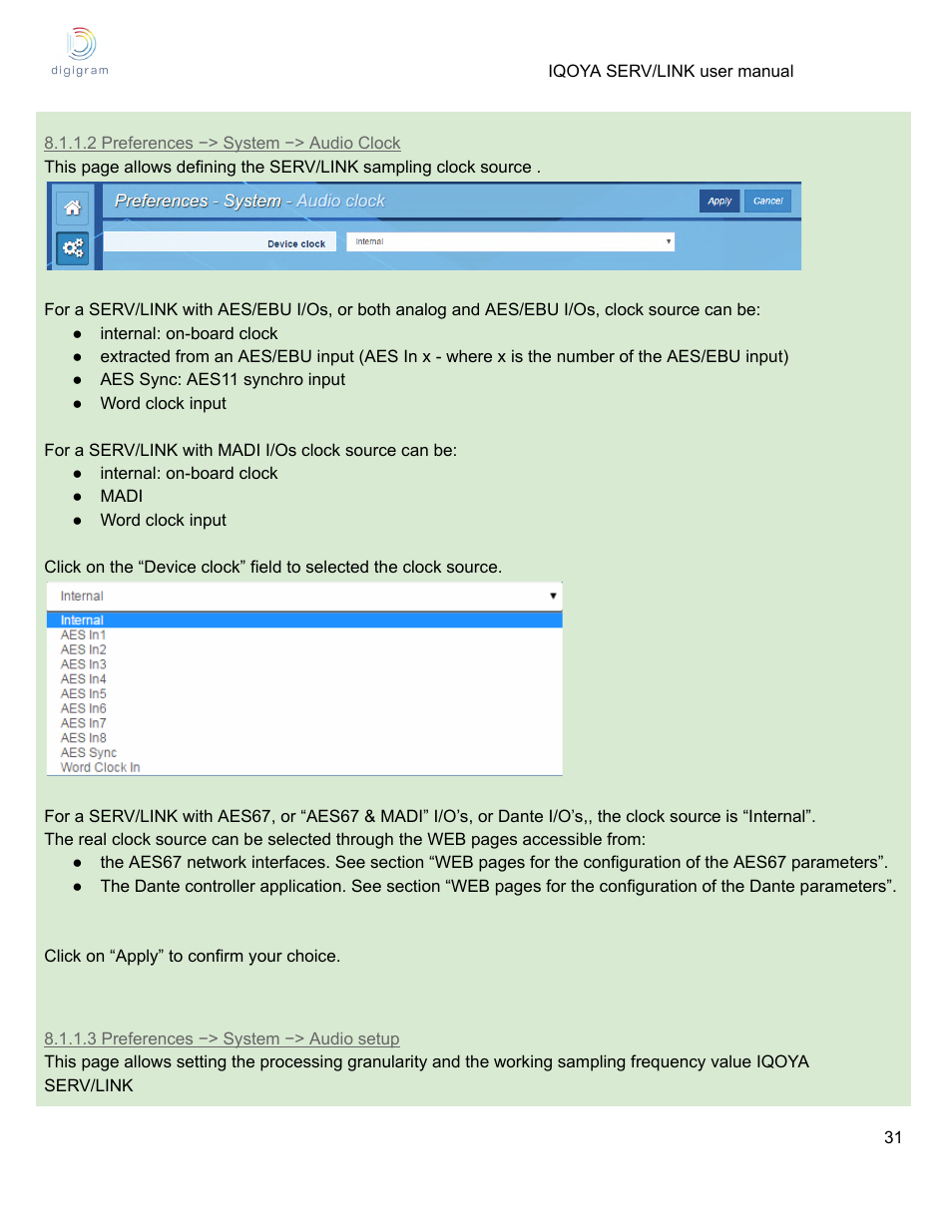 2 preferences −> system −> audio clock, 3 preferences −> system −> audio setup | Digigram Software for IQOYA SERV/LINK 88 (Upgrades from 8 Codecs to 16) User Manual | Page 31 / 160