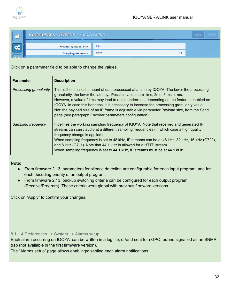 4 preferences −> system −> alarms setup | Digigram Software for IQOYA SERV/LINK 88 (Upgrades from 8 Codecs to 16) User Manual | Page 32 / 160
