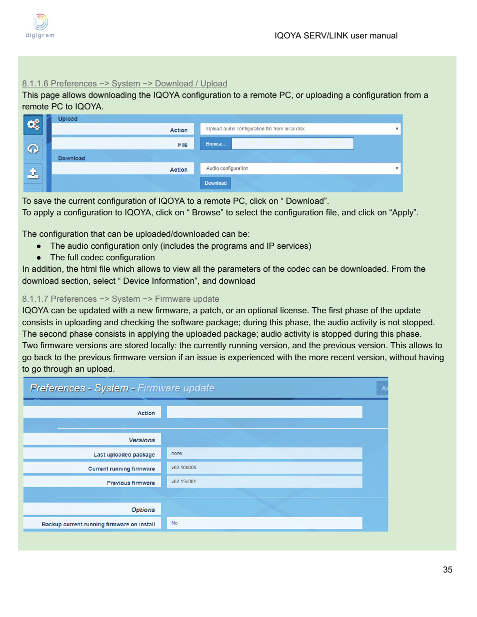 6 preferences −> system −> download / upload, 7 preferences −> system −> firmware update | Digigram Software for IQOYA SERV/LINK 88 (Upgrades from 8 Codecs to 16) User Manual | Page 35 / 160