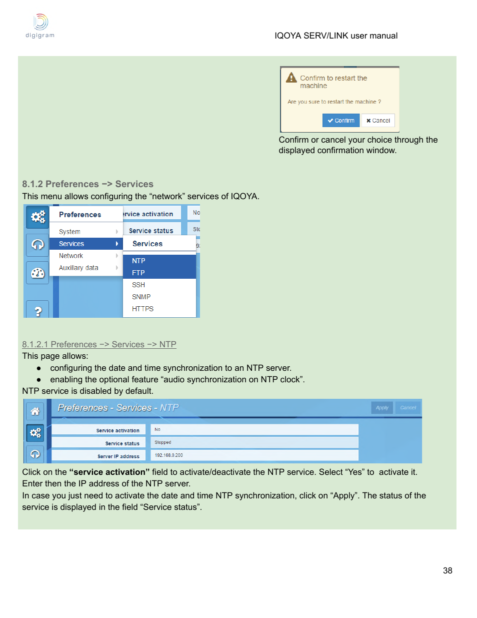 2 preferences −> services, 1 preferences −> services −> ntp | Digigram Software for IQOYA SERV/LINK 88 (Upgrades from 8 Codecs to 16) User Manual | Page 38 / 160