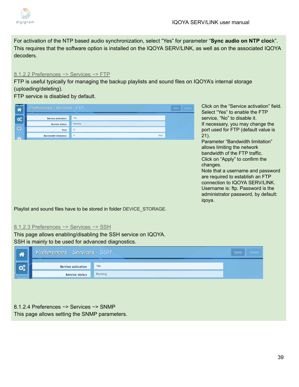 2 preferences −> services −> ftp, 3 preferences −> services −> ssh, 4 preferences −> services −> snmp | Digigram Software for IQOYA SERV/LINK 88 (Upgrades from 8 Codecs to 16) User Manual | Page 39 / 160