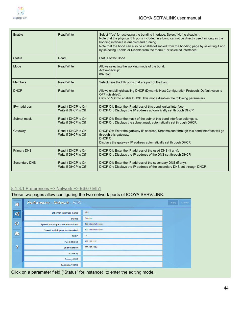 1 preferences −> network −> eth0 / eth1 | Digigram Software for IQOYA SERV/LINK 88 (Upgrades from 8 Codecs to 16) User Manual | Page 44 / 160