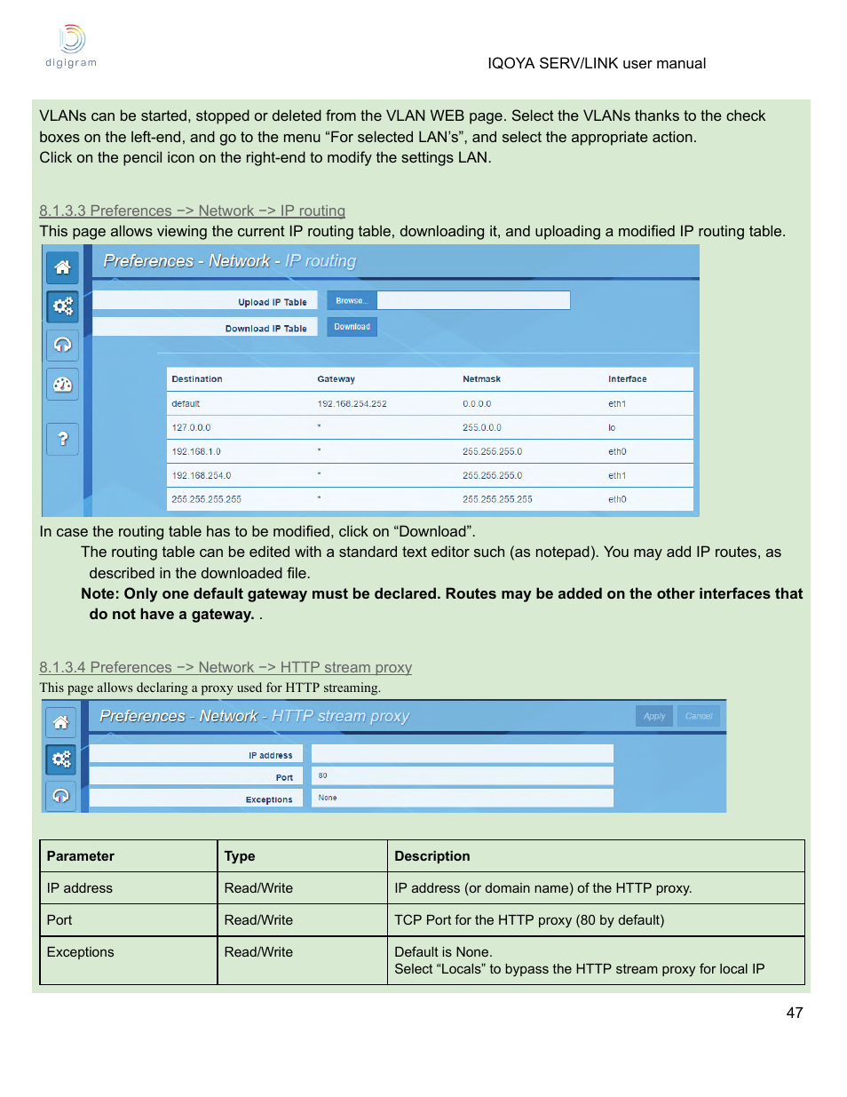 3 preferences −> network −> ip routing, 4 preferences −> network −> http stream proxy | Digigram Software for IQOYA SERV/LINK 88 (Upgrades from 8 Codecs to 16) User Manual | Page 47 / 160