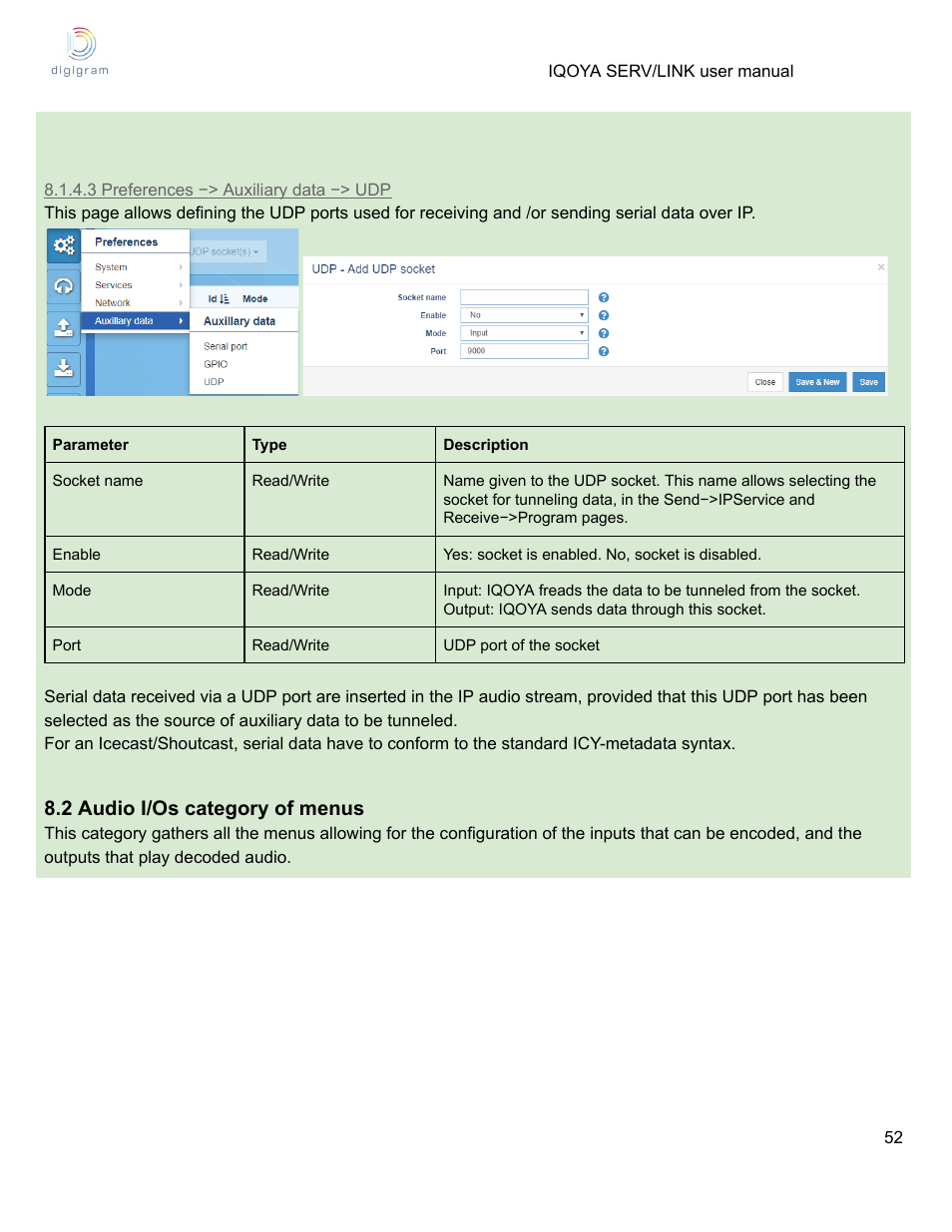 3 preferences −> auxiliary data −> udp, 2 audio i/os category of menus | Digigram Software for IQOYA SERV/LINK 88 (Upgrades from 8 Codecs to 16) User Manual | Page 52 / 160