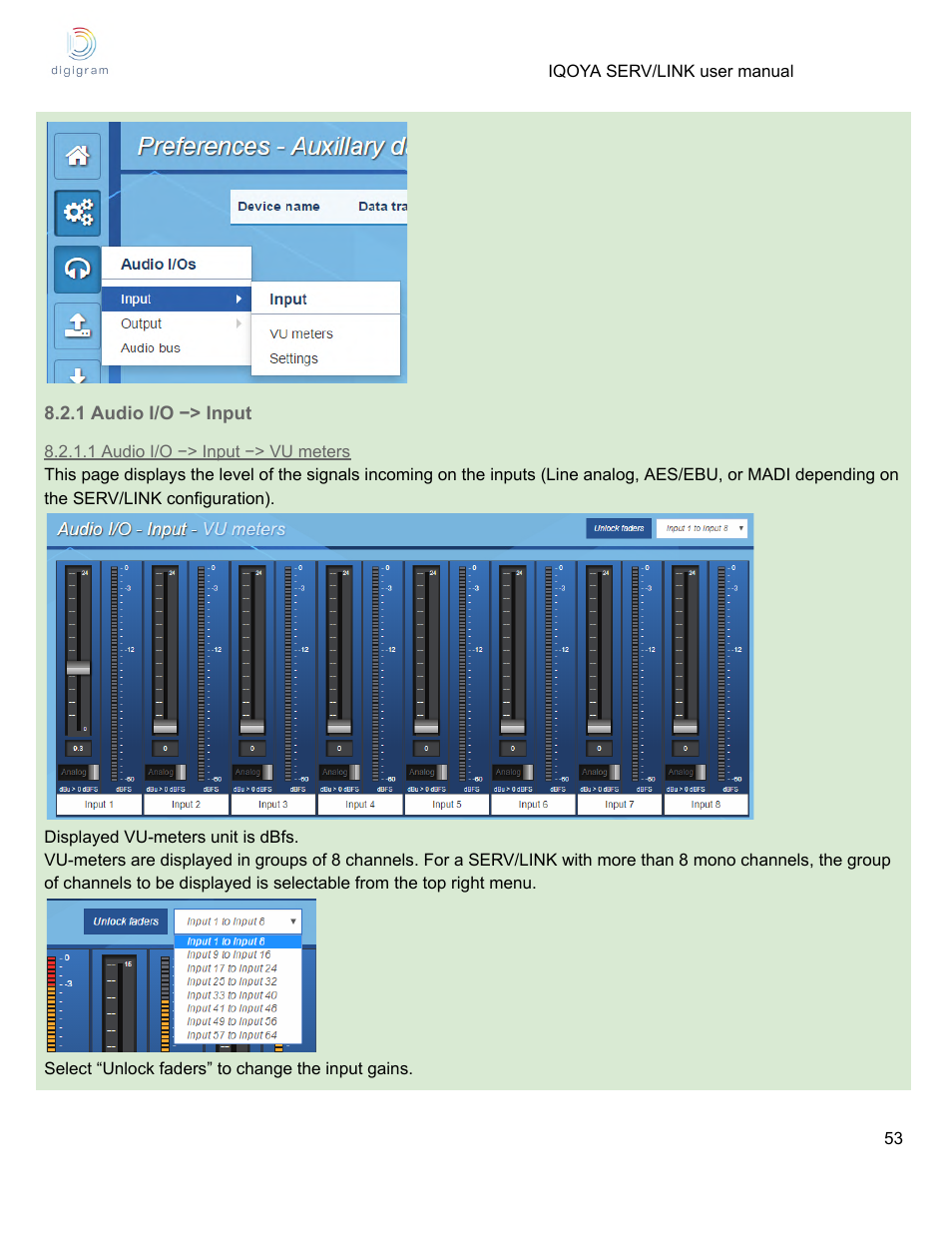1 audio i/o −> input, 1 audio i/o −> input −> vu meters | Digigram Software for IQOYA SERV/LINK 88 (Upgrades from 8 Codecs to 16) User Manual | Page 53 / 160