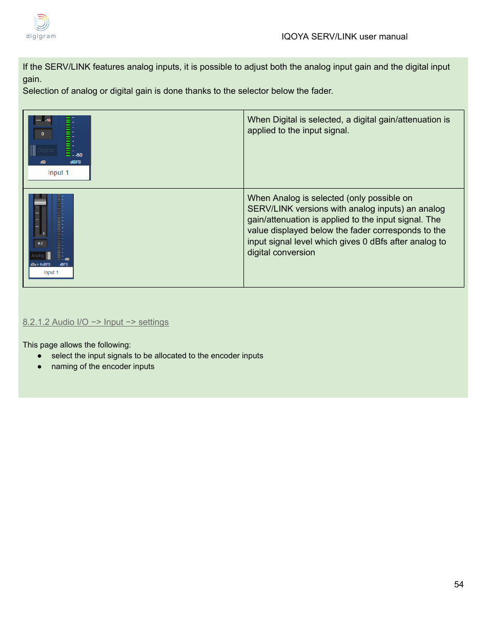 2 audio i/o −> input −> settings | Digigram Software for IQOYA SERV/LINK 88 (Upgrades from 8 Codecs to 16) User Manual | Page 54 / 160