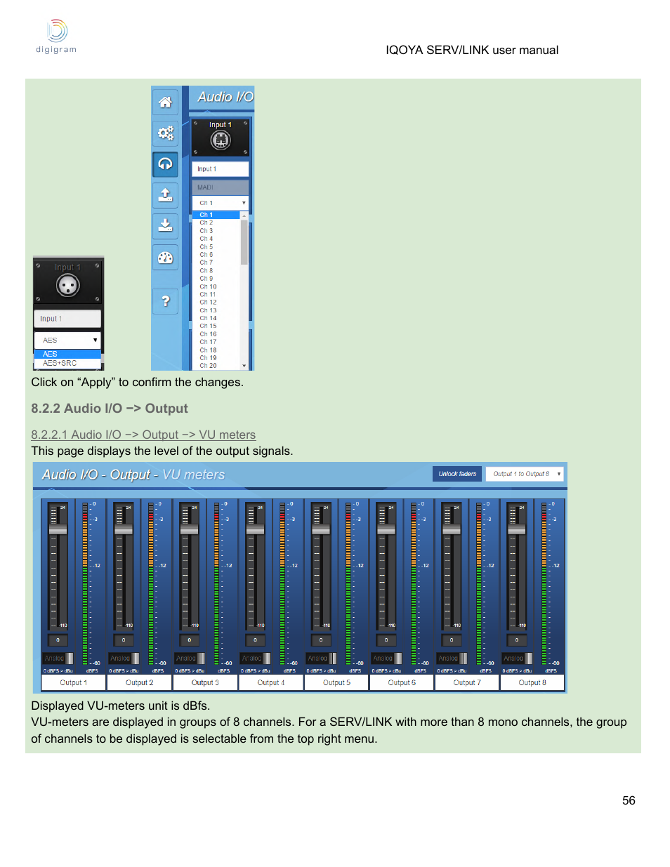 2 audio i/o −> output, 1 audio i/o −> output −> vu meters | Digigram Software for IQOYA SERV/LINK 88 (Upgrades from 8 Codecs to 16) User Manual | Page 56 / 160