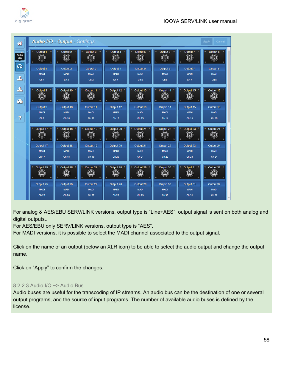 3 audio i/o −> audio bus | Digigram Software for IQOYA SERV/LINK 88 (Upgrades from 8 Codecs to 16) User Manual | Page 58 / 160