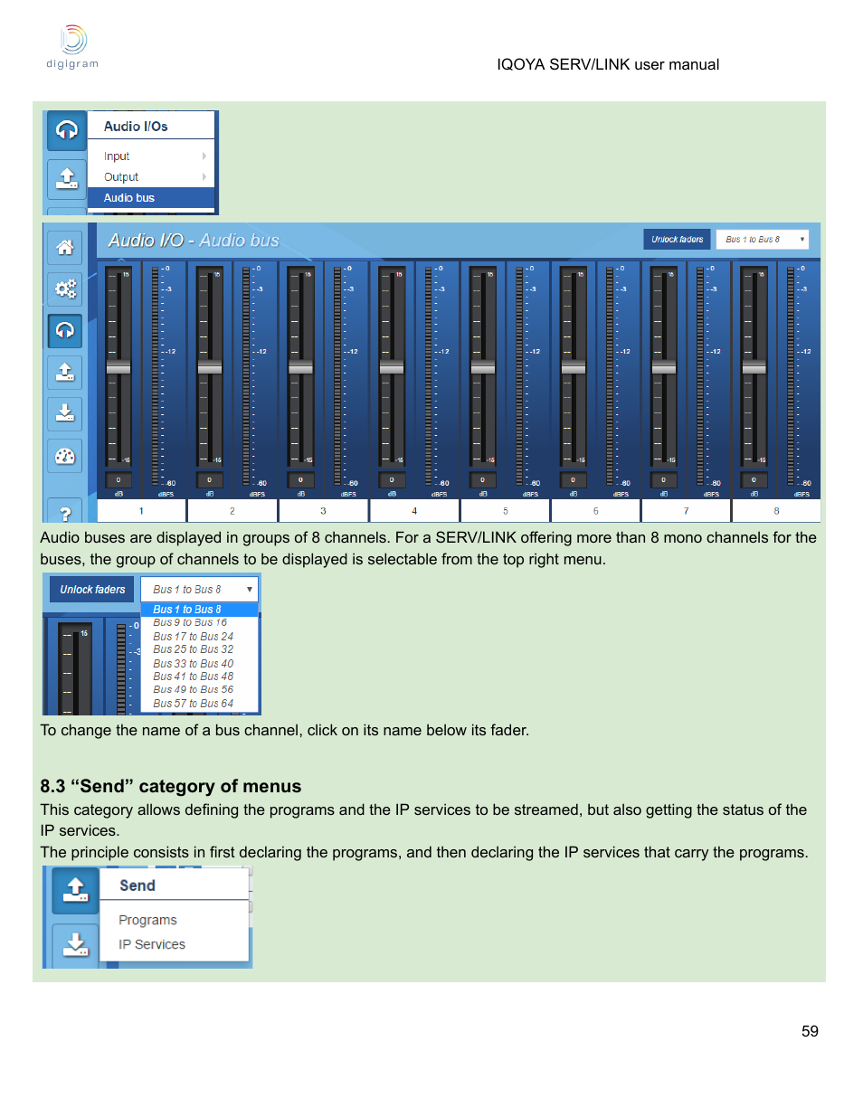 3 “send” category of menus | Digigram Software for IQOYA SERV/LINK 88 (Upgrades from 8 Codecs to 16) User Manual | Page 59 / 160