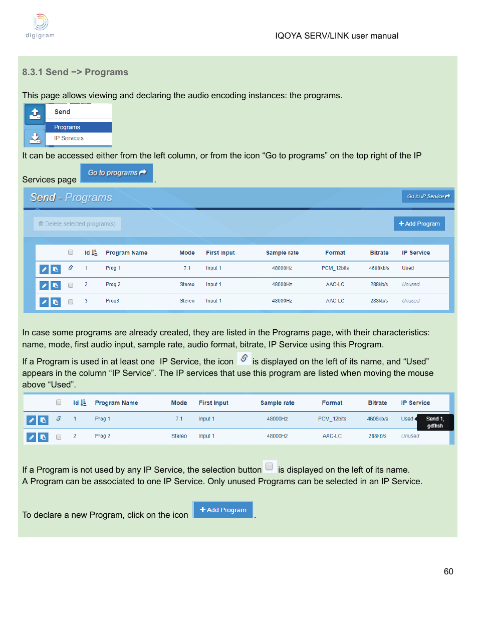 1 send −> programs | Digigram Software for IQOYA SERV/LINK 88 (Upgrades from 8 Codecs to 16) User Manual | Page 60 / 160