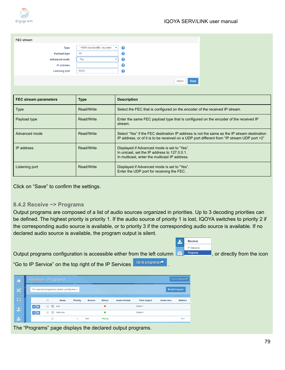 2 receive −> programs | Digigram Software for IQOYA SERV/LINK 88 (Upgrades from 8 Codecs to 16) User Manual | Page 79 / 160