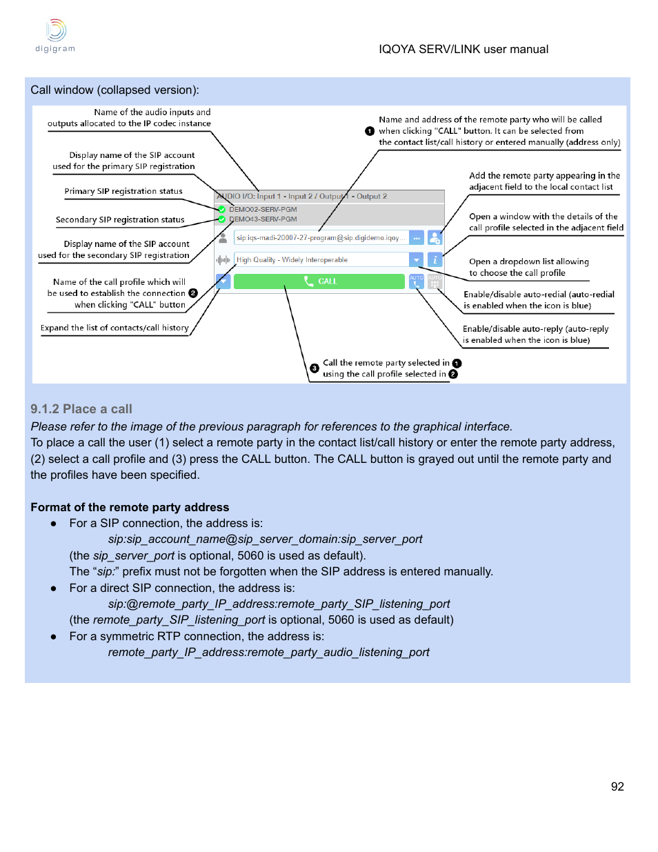 2 place a call | Digigram Software for IQOYA SERV/LINK 88 (Upgrades from 8 Codecs to 16) User Manual | Page 92 / 160
