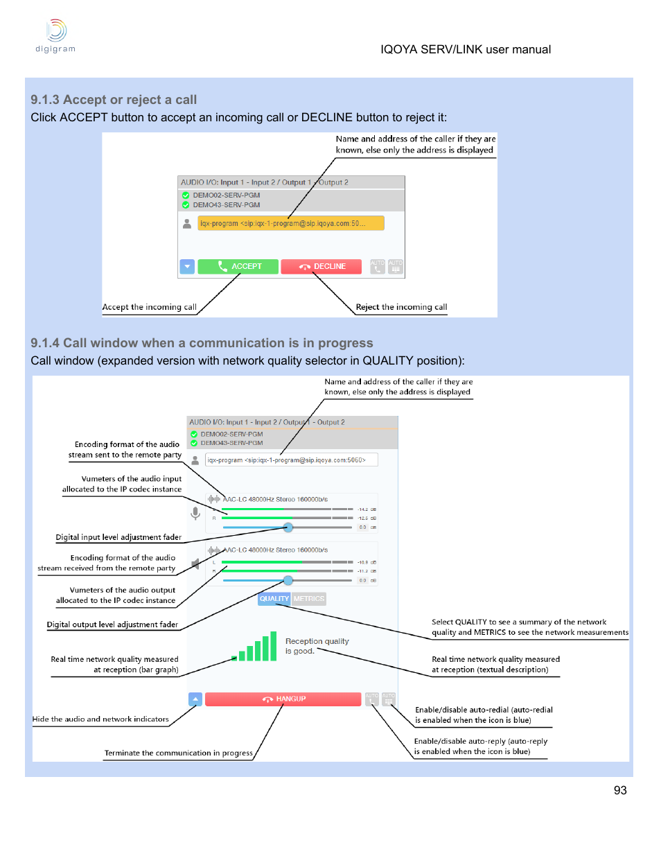 3 accept or reject a call, 4 call window when a communication is in progress | Digigram Software for IQOYA SERV/LINK 88 (Upgrades from 8 Codecs to 16) User Manual | Page 93 / 160