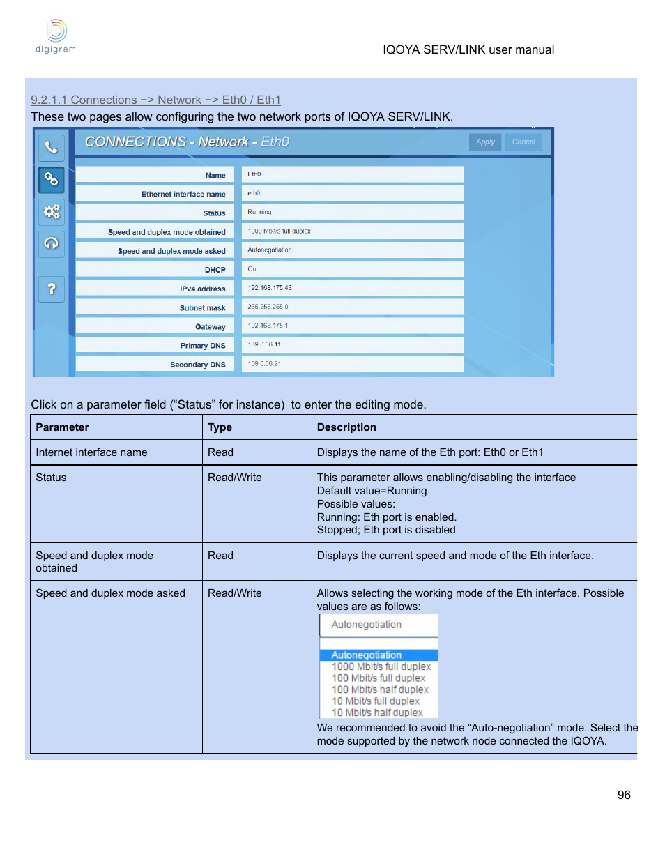 1 connections −> network −> eth0 / eth1 | Digigram Software for IQOYA SERV/LINK 88 (Upgrades from 8 Codecs to 16) User Manual | Page 96 / 160
