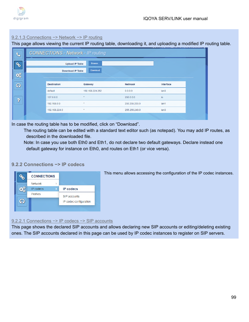 3 connections −> network −> ip routing, 2 connections −> ip codecs, 1 connections −> ip codecs −> sip accounts | Digigram Software for IQOYA SERV/LINK 88 (Upgrades from 8 Codecs to 16) User Manual | Page 99 / 160