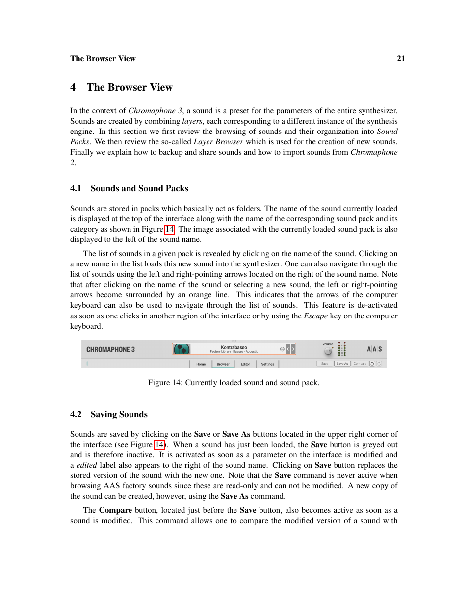 The browser view, Sounds and sound packs, Saving sounds | 4the browser view | Applied Acoustics Systems Chromaphone 3 Upgrade Acoustic Object Synthesizer Plug-In (Download) User Manual | Page 21 / 83