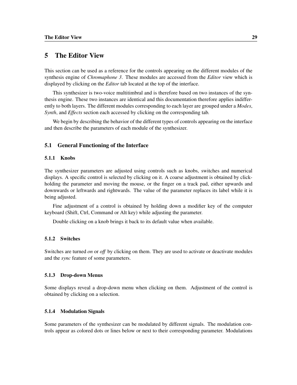 The editor view, General functioning of the interface, Knobs | Switches, Drop-down menus, Modulation signals, 5the editor view | Applied Acoustics Systems Chromaphone 3 Upgrade Acoustic Object Synthesizer Plug-In (Download) User Manual | Page 29 / 83