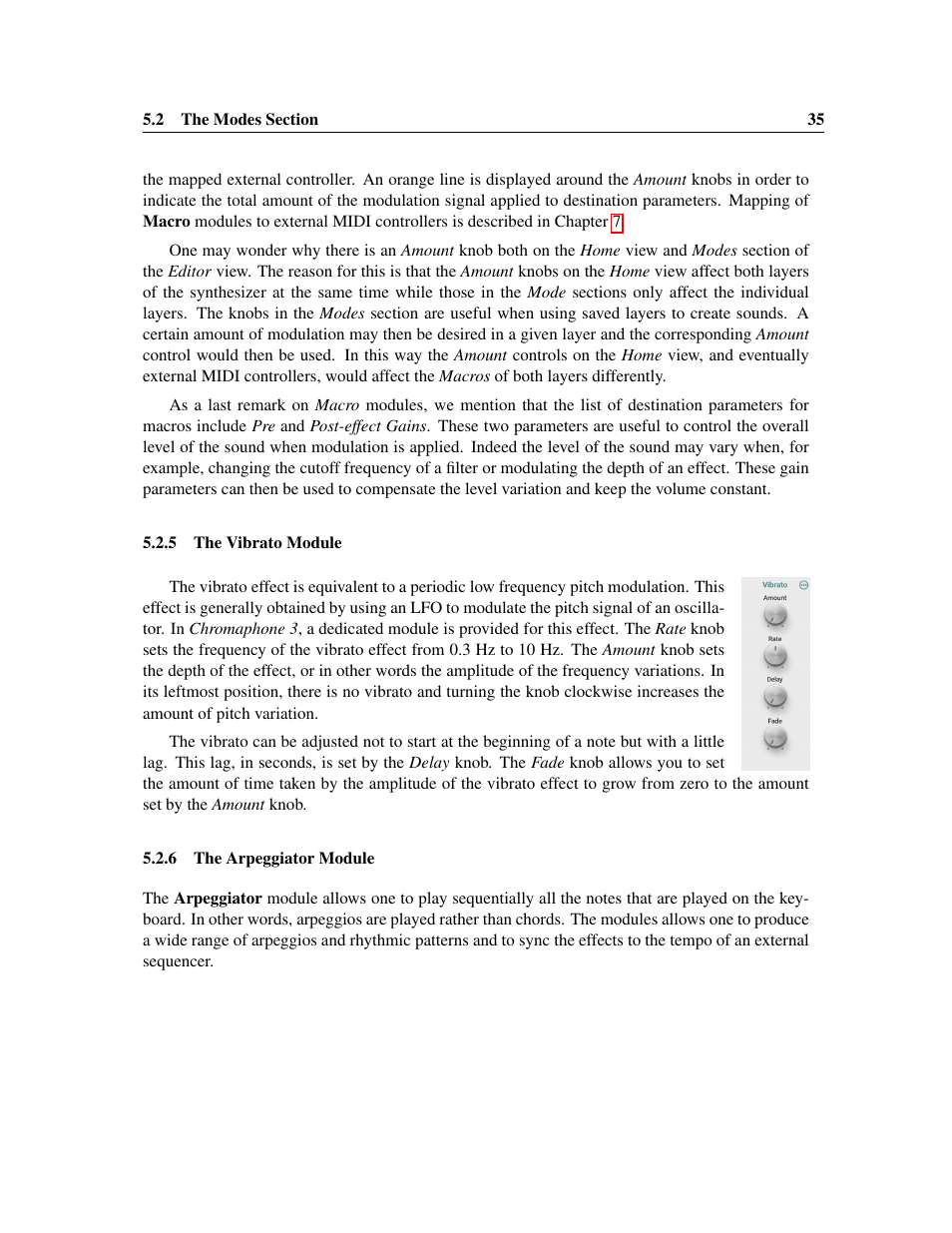 The vibrato module, The arpeggiator module | Applied Acoustics Systems Chromaphone 3 Upgrade Acoustic Object Synthesizer Plug-In (Download) User Manual | Page 35 / 83