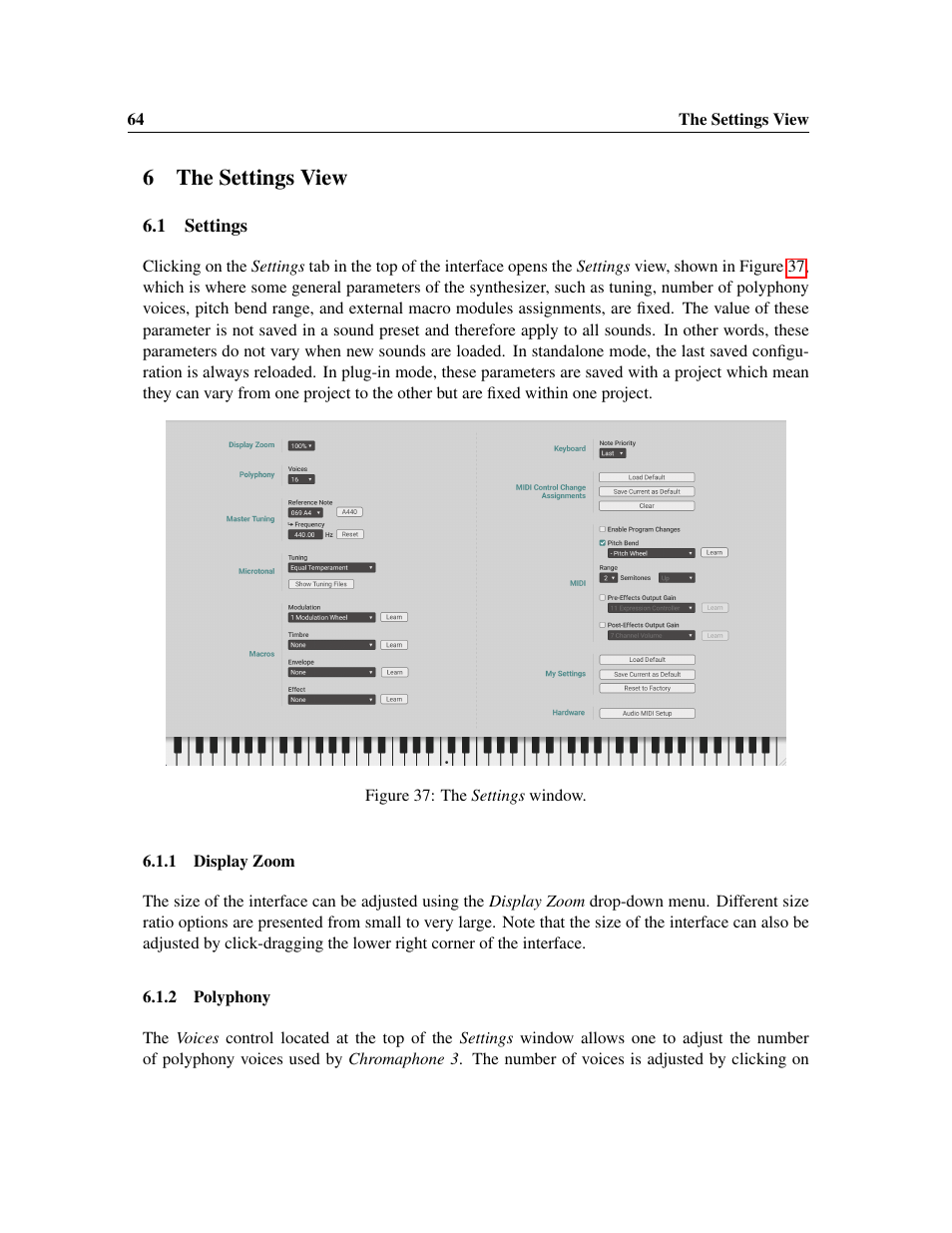 The settings view, Settings, Display zoom | Polyphony, 6the settings view | Applied Acoustics Systems Chromaphone 3 Upgrade Acoustic Object Synthesizer Plug-In (Download) User Manual | Page 64 / 83