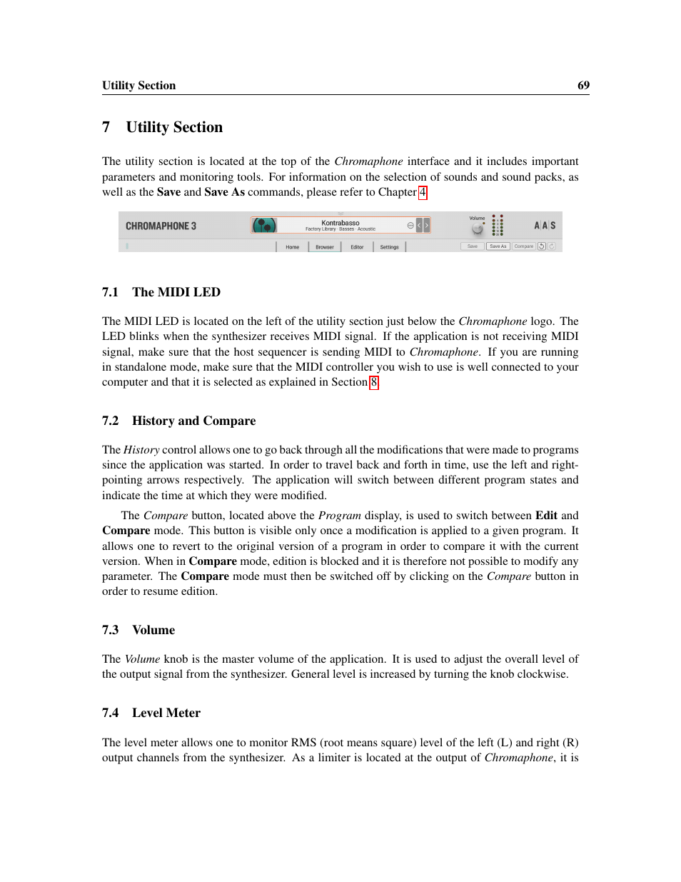Utility section, The midi led, History and compare | Volume, Level meter | Applied Acoustics Systems Chromaphone 3 Upgrade Acoustic Object Synthesizer Plug-In (Download) User Manual | Page 69 / 83