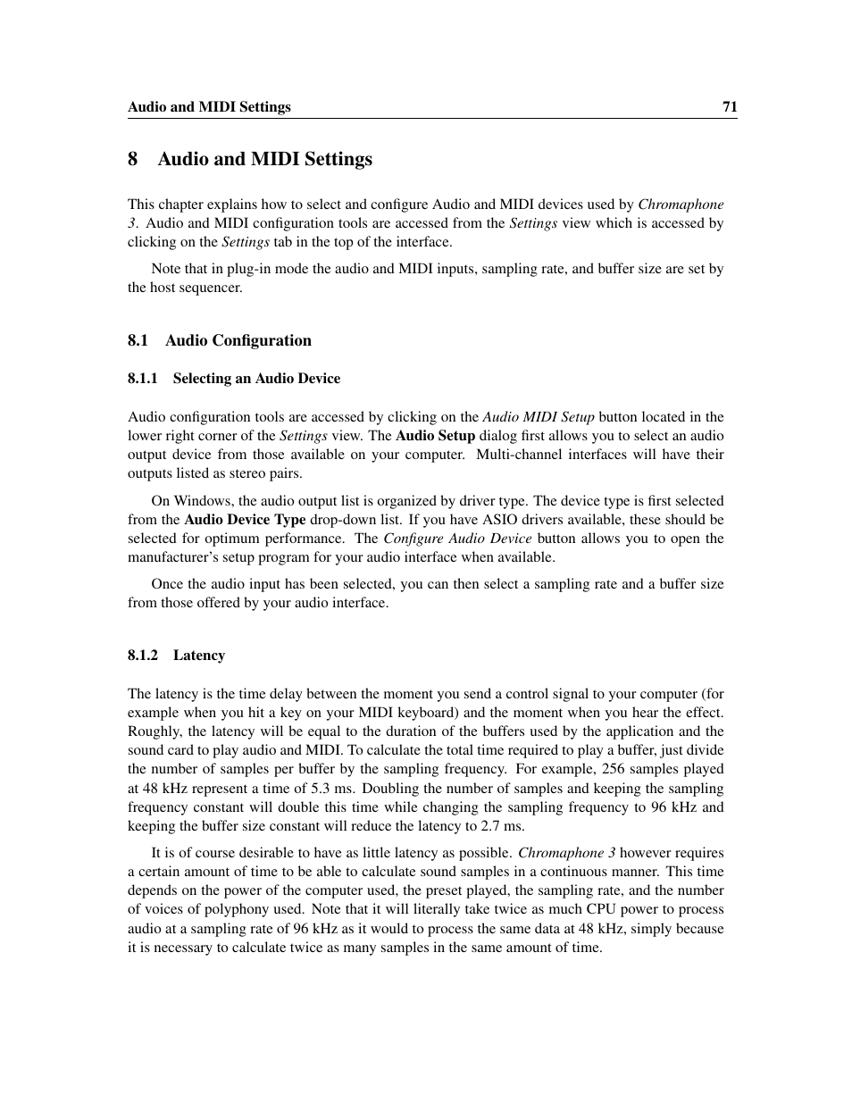 Audio and midi settings, Audio configuration, Selecting an audio device | Latency, 8audio and midi settings | Applied Acoustics Systems Chromaphone 3 Upgrade Acoustic Object Synthesizer Plug-In (Download) User Manual | Page 71 / 83