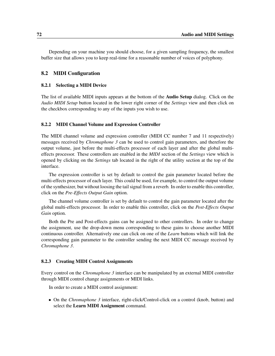 Midi configuration, Selecting a midi device, Midi channel volume and expression controller | Creating midi control assignments | Applied Acoustics Systems Chromaphone 3 Upgrade Acoustic Object Synthesizer Plug-In (Download) User Manual | Page 72 / 83