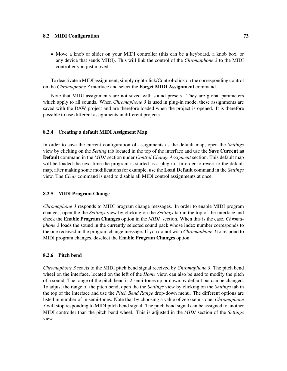 Creating a default midi assigment map, Midi program change, Pitch bend | Applied Acoustics Systems Chromaphone 3 Upgrade Acoustic Object Synthesizer Plug-In (Download) User Manual | Page 73 / 83
