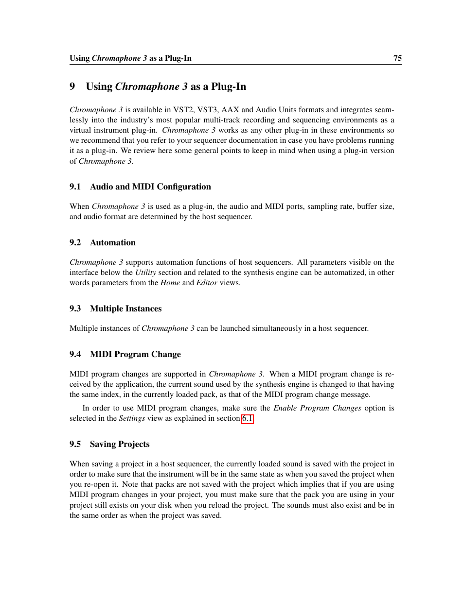 Using chromaphone 3 as a plug-in, Audio and midi configuration, Automation | Multiple instances, Midi program change, Saving projects, Using, Chromaphone 3, As a plug-in, 9using chromaphone 3 as a plug-in | Applied Acoustics Systems Chromaphone 3 Upgrade Acoustic Object Synthesizer Plug-In (Download) User Manual | Page 75 / 83