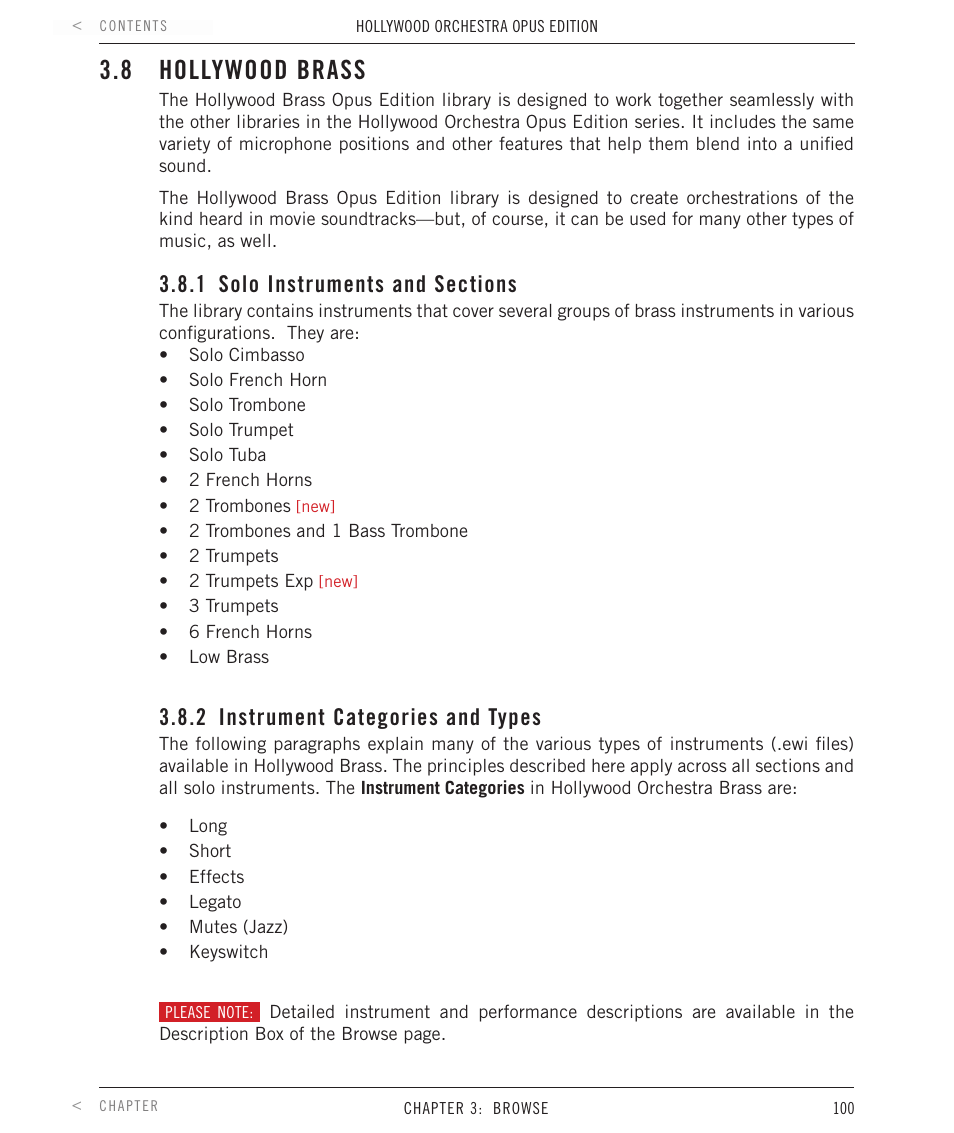 8 hollywood orchestra brass, 1 solo instruments and sections, 2 instrument categories and types | Hollywood brass, Solo instruments and sections, Instrument categories and types, 8 hollywood brass | EastWest Hollywood Orchestra Opus Edition Virtual Instrument Plug-In (Download) User Manual | Page 100 / 228