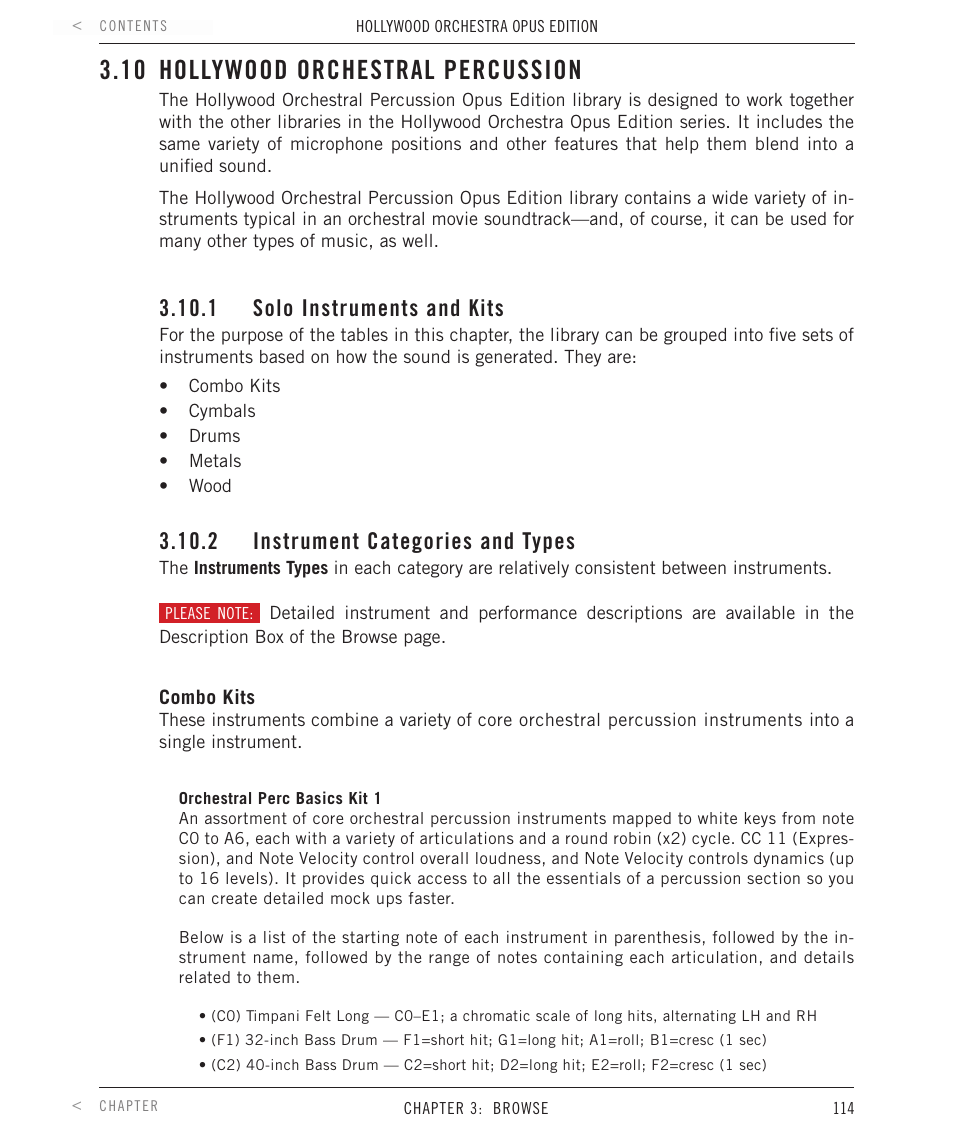10 hollywood orchestra percussion, 1 solo instruments and kits, 2 instrument categories and types | Hollywood orchestral percussion, 10 hollywood orchestral percussion | EastWest Hollywood Orchestra Opus Edition Virtual Instrument Plug-In (Download) User Manual | Page 114 / 228