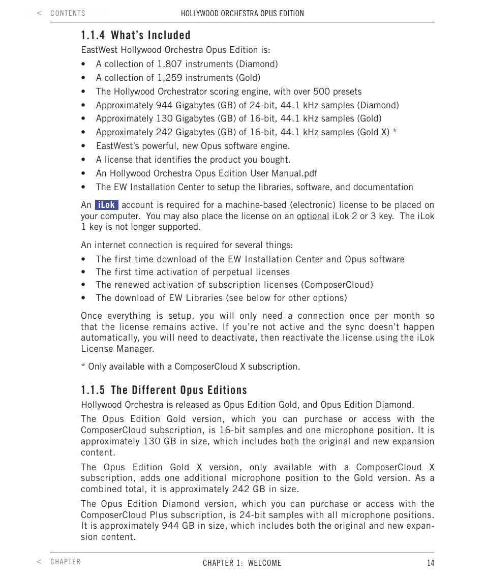 4 what’s included, 5 the different opus editions, What’s included | The different opus editions | EastWest Hollywood Orchestra Opus Edition Virtual Instrument Plug-In (Download) User Manual | Page 14 / 228