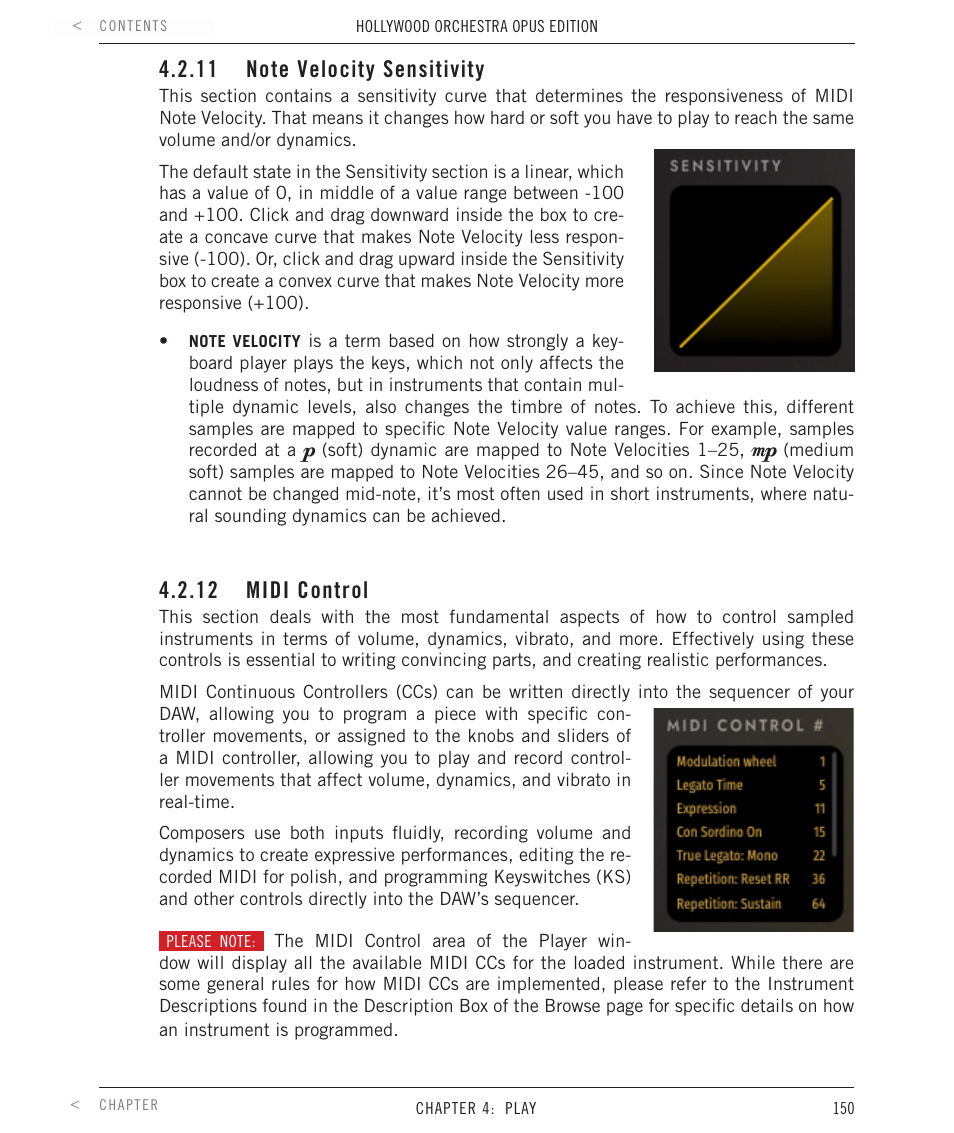 11 note velocity sensitivity, 12 midi control | EastWest Hollywood Orchestra Opus Edition Virtual Instrument Plug-In (Download) User Manual | Page 150 / 228