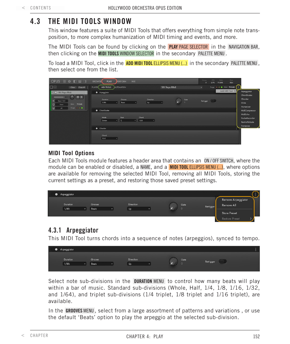 3 the midi tools window, 1 arpeggiator, The midi tools window | Arpeggiator | EastWest Hollywood Orchestra Opus Edition Virtual Instrument Plug-In (Download) User Manual | Page 152 / 228