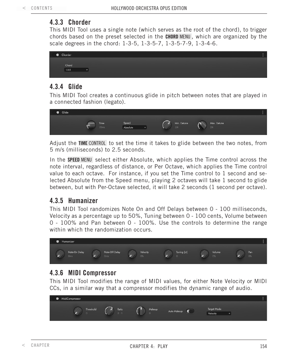 3 chorder, 4 glide, 5 humanizer | 6 midi compressor, Midi compressor, Chorder, Glide, Humanizer | EastWest Hollywood Orchestra Opus Edition Virtual Instrument Plug-In (Download) User Manual | Page 154 / 228