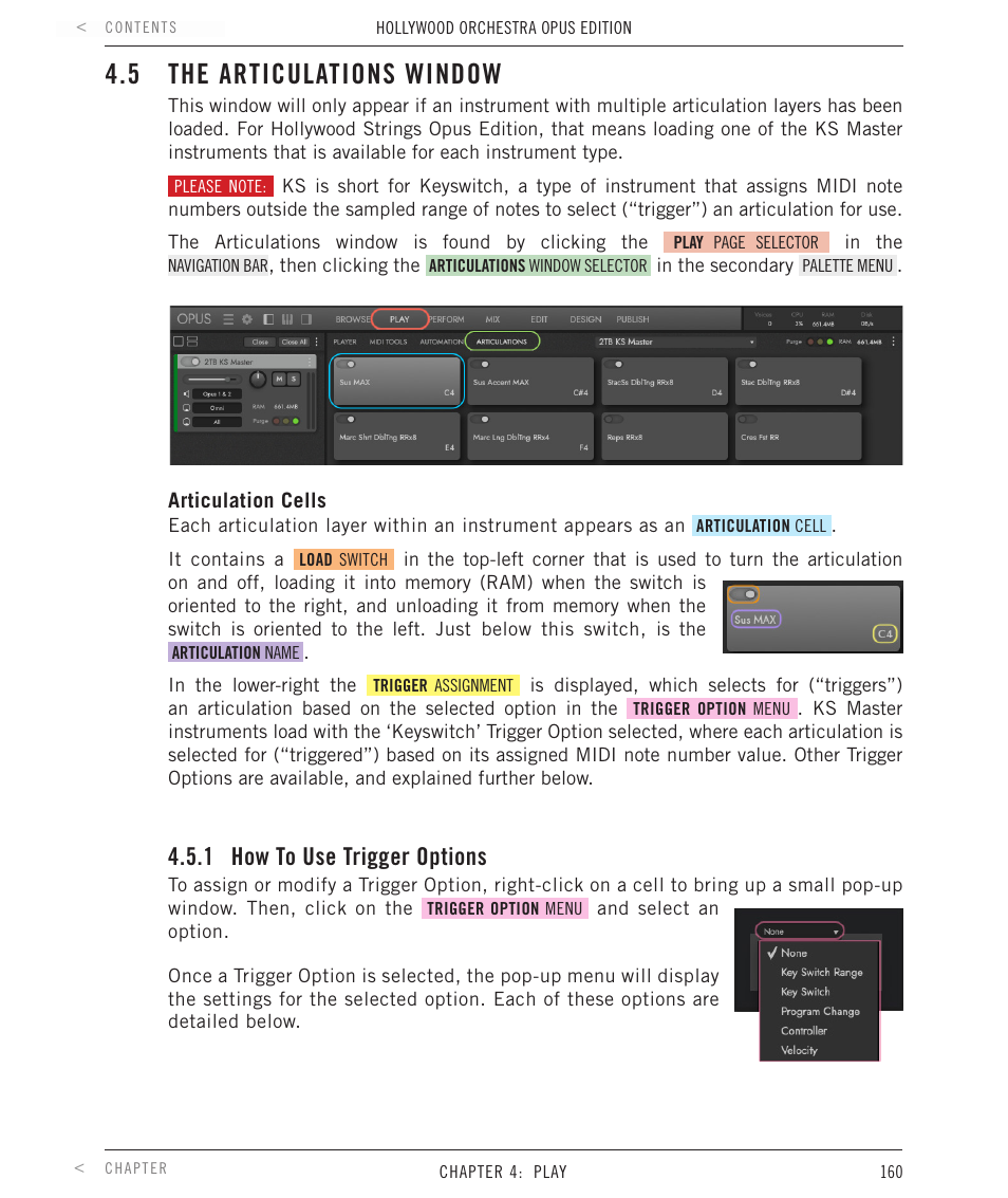 5 the articulations window, 1 how to use trigger options, The articulations window | How to use trigger options | EastWest Hollywood Orchestra Opus Edition Virtual Instrument Plug-In (Download) User Manual | Page 160 / 228