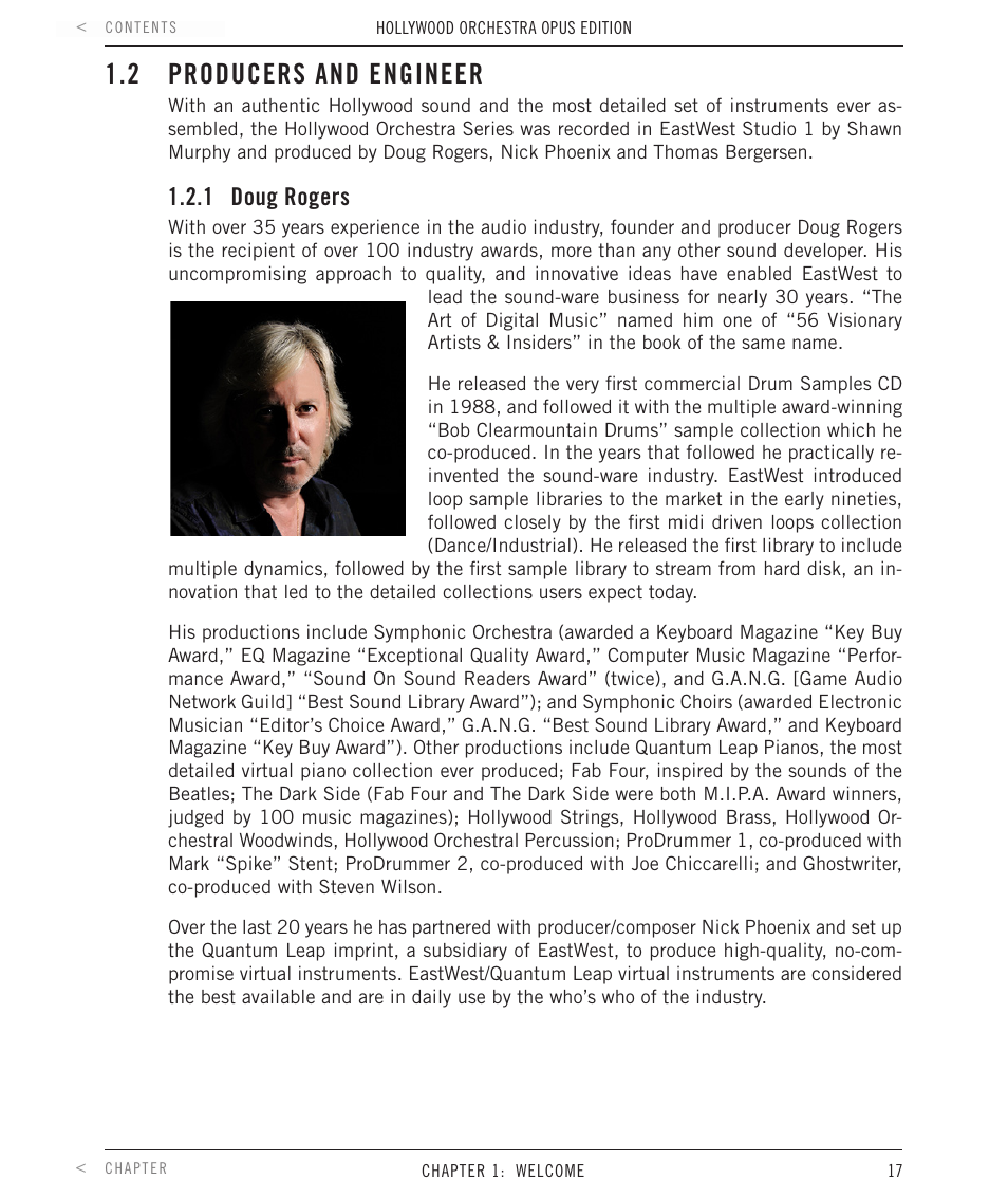 2 producers and engineer, 1 doug rogers, Producers and engineer | Doug rogers | EastWest Hollywood Orchestra Opus Edition Virtual Instrument Plug-In (Download) User Manual | Page 17 / 228