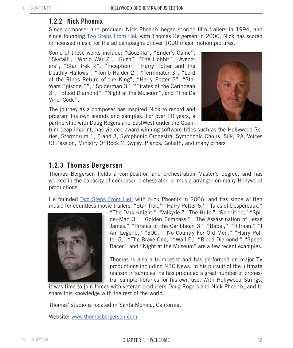 2 nick phoenix, 3 thomas bergersen, Nick phoenix | Thomas bergersen | EastWest Hollywood Orchestra Opus Edition Virtual Instrument Plug-In (Download) User Manual | Page 18 / 228