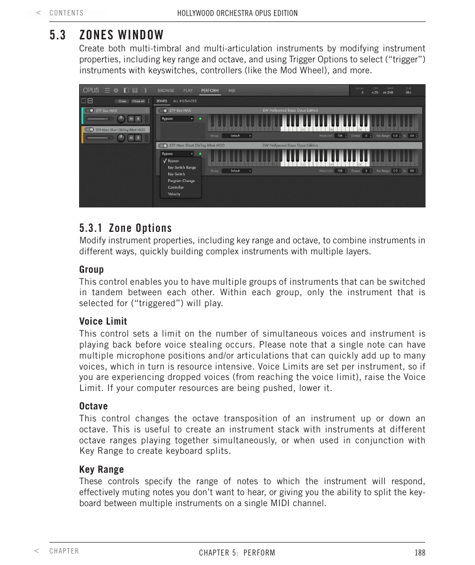 3 zones window, 1 zone options, Zones window | Zone options | EastWest Hollywood Orchestra Opus Edition Virtual Instrument Plug-In (Download) User Manual | Page 188 / 228
