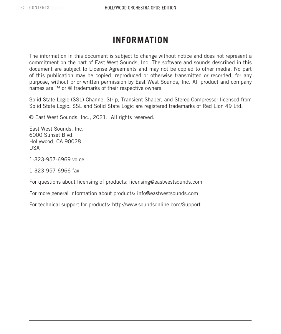 Information | EastWest Hollywood Orchestra Opus Edition Virtual Instrument Plug-In (Download) User Manual | Page 2 / 228