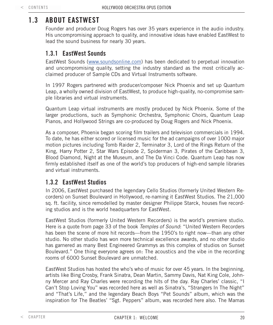 3 about eastwest, 1 eastwest sounds, 2 eastwest studios | About eastwest, Eastwest sounds, Eastwest studios | EastWest Hollywood Orchestra Opus Edition Virtual Instrument Plug-In (Download) User Manual | Page 20 / 228