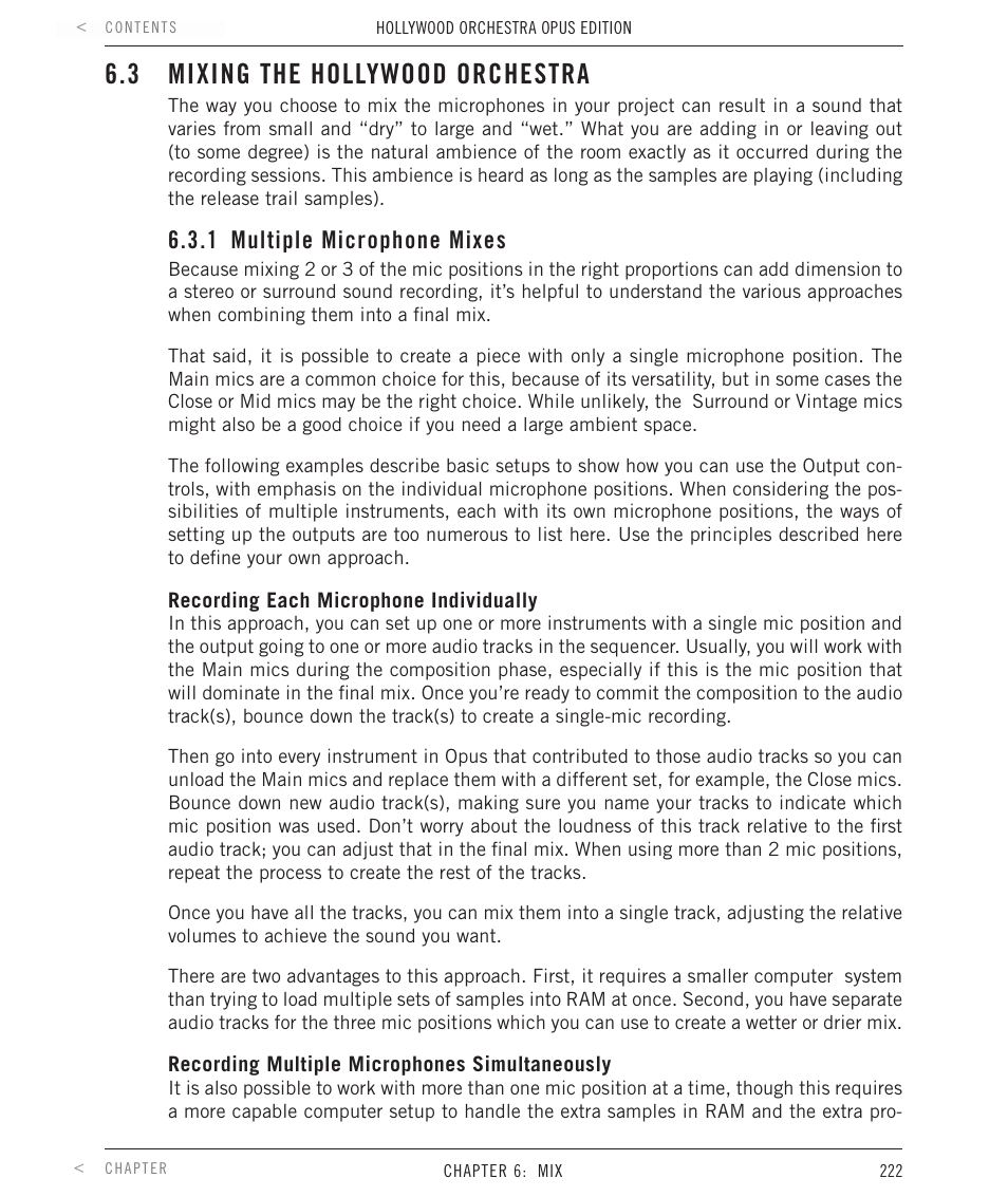3 mixing the hollywood orchestra, 1 multiple microphone mixes, Mixing the hollywood orchestra | Multiple microphone mixes | EastWest Hollywood Orchestra Opus Edition Virtual Instrument Plug-In (Download) User Manual | Page 222 / 228
