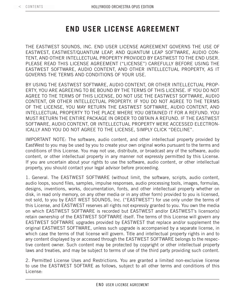 Eula, End user license agreement | EastWest Hollywood Orchestra Opus Edition Virtual Instrument Plug-In (Download) User Manual | Page 224 / 228