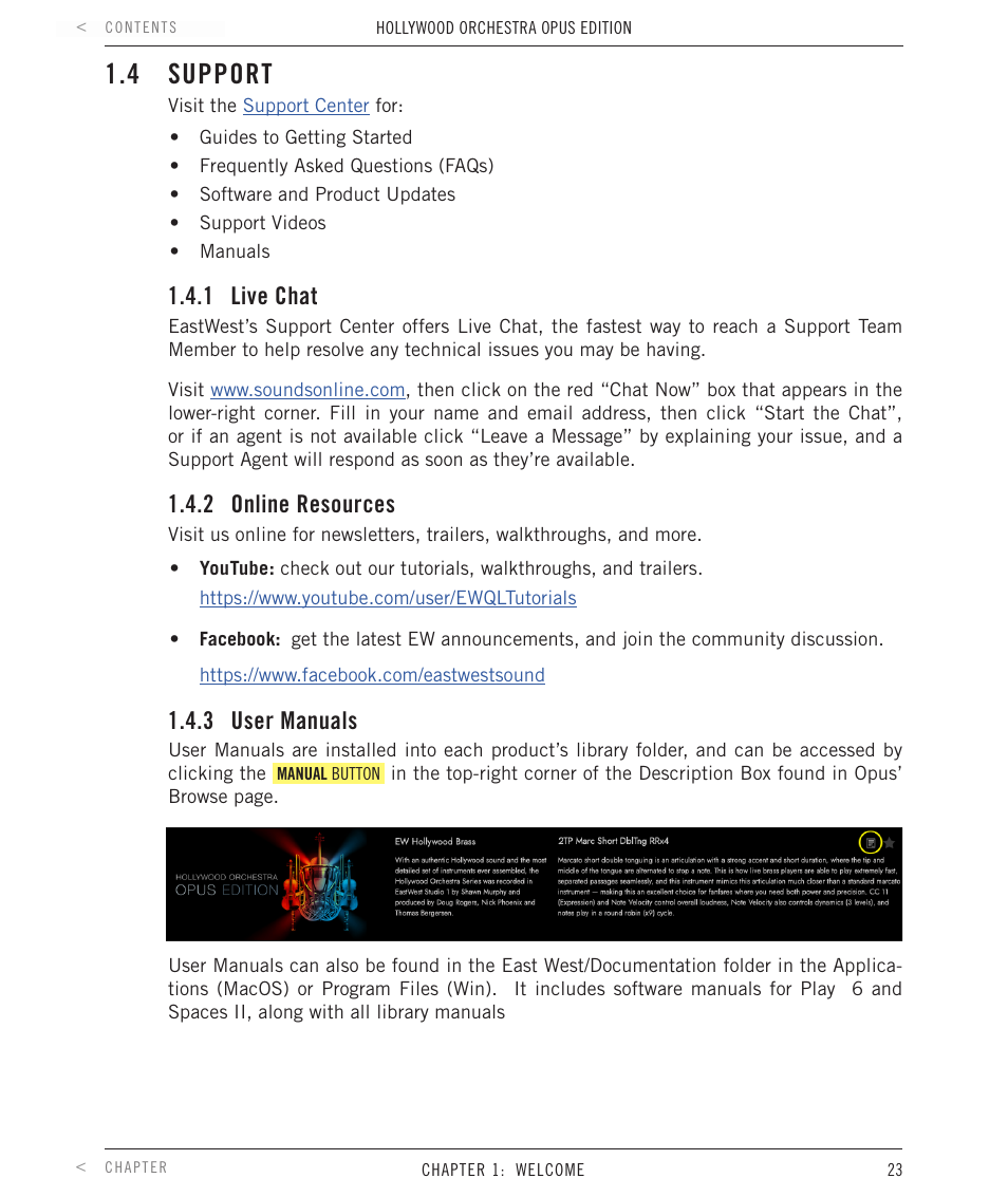 4 support, 1 live chat, 2 online resources | 3 user manuals, Live chat, Online resources, User manuals | EastWest Hollywood Orchestra Opus Edition Virtual Instrument Plug-In (Download) User Manual | Page 23 / 228