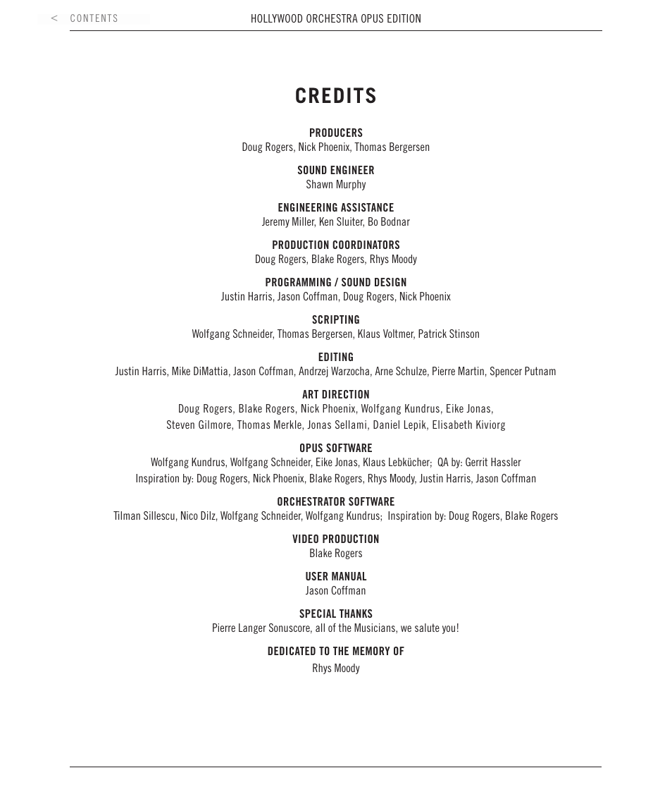 Credits | EastWest Hollywood Orchestra Opus Edition Virtual Instrument Plug-In (Download) User Manual | Page 3 / 228