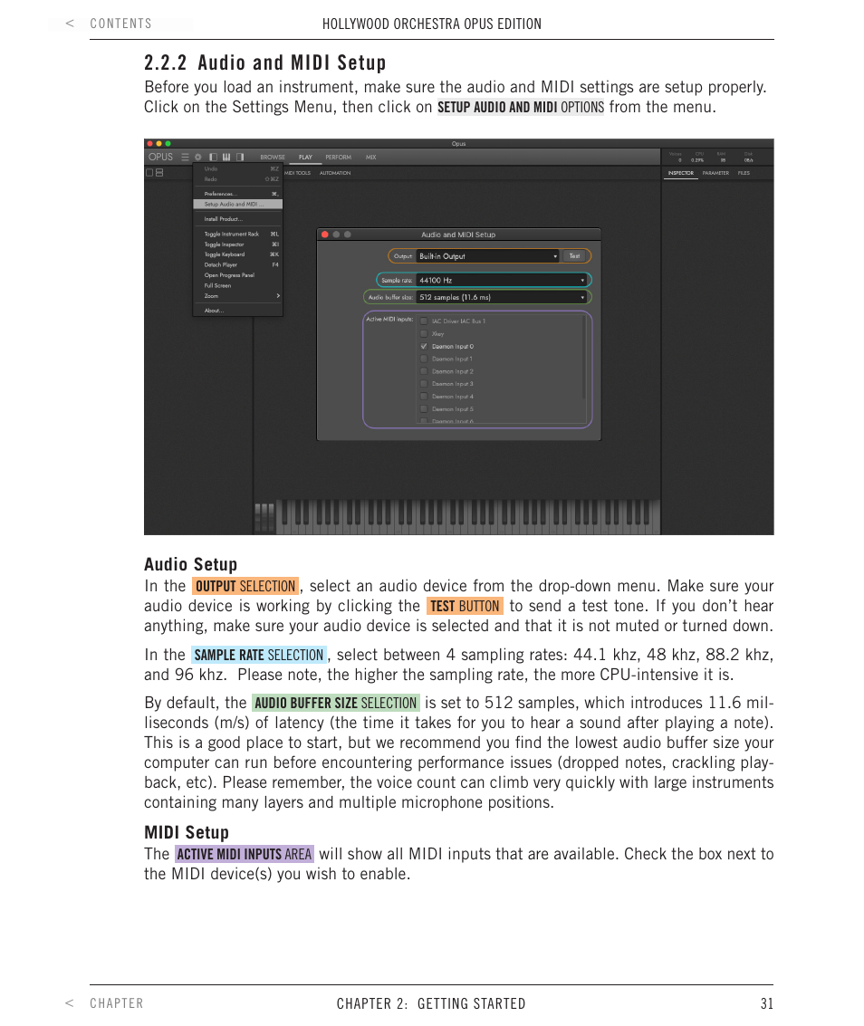 2 audio and midi setup, Audio and midi setup | EastWest Hollywood Orchestra Opus Edition Virtual Instrument Plug-In (Download) User Manual | Page 31 / 228
