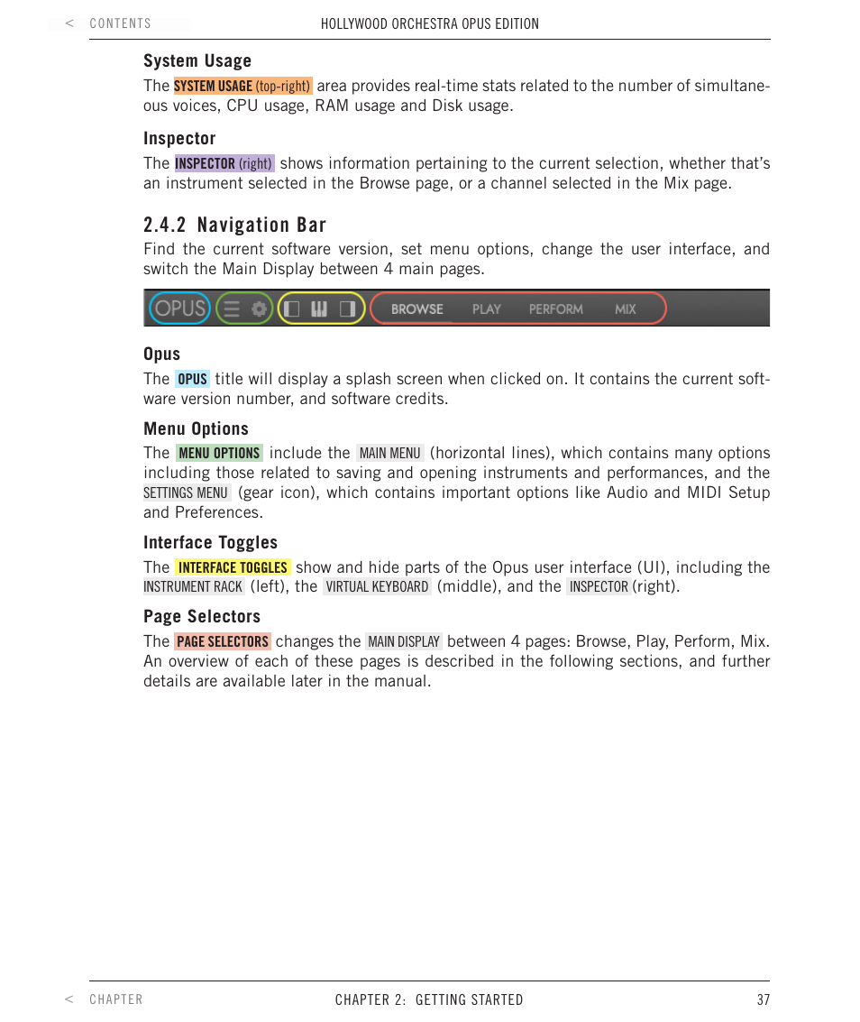 2 navigation bar, Navigation bar | EastWest Hollywood Orchestra Opus Edition Virtual Instrument Plug-In (Download) User Manual | Page 37 / 228