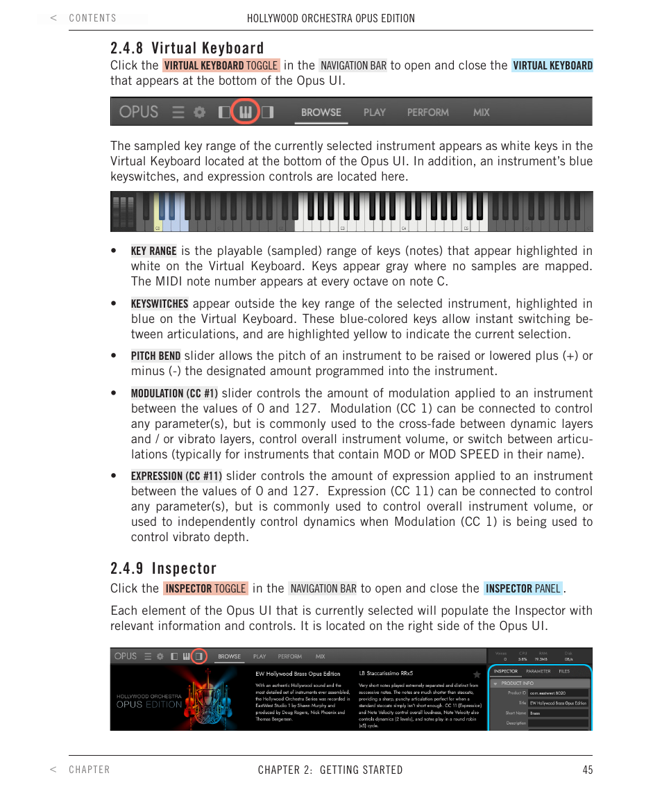 8 virtual keyboard, 9 inspector, Virtual keyboard | EastWest Hollywood Orchestra Opus Edition Virtual Instrument Plug-In (Download) User Manual | Page 45 / 228