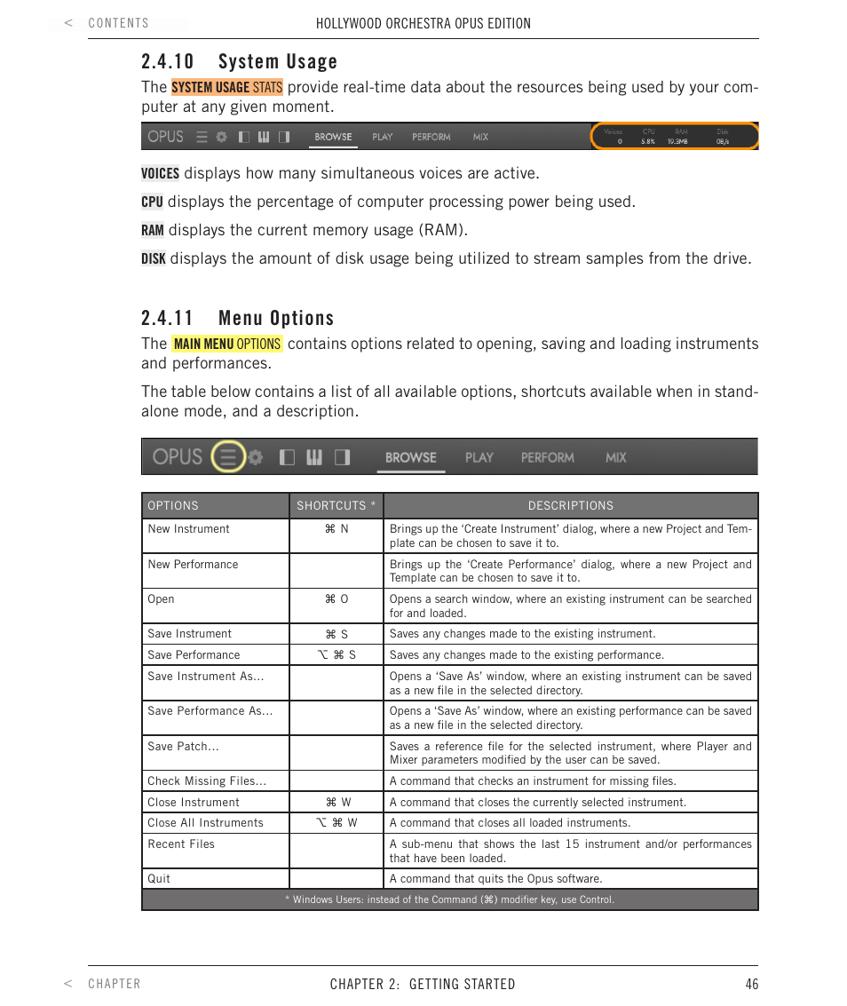 10 system usage, 11 menu options | EastWest Hollywood Orchestra Opus Edition Virtual Instrument Plug-In (Download) User Manual | Page 46 / 228