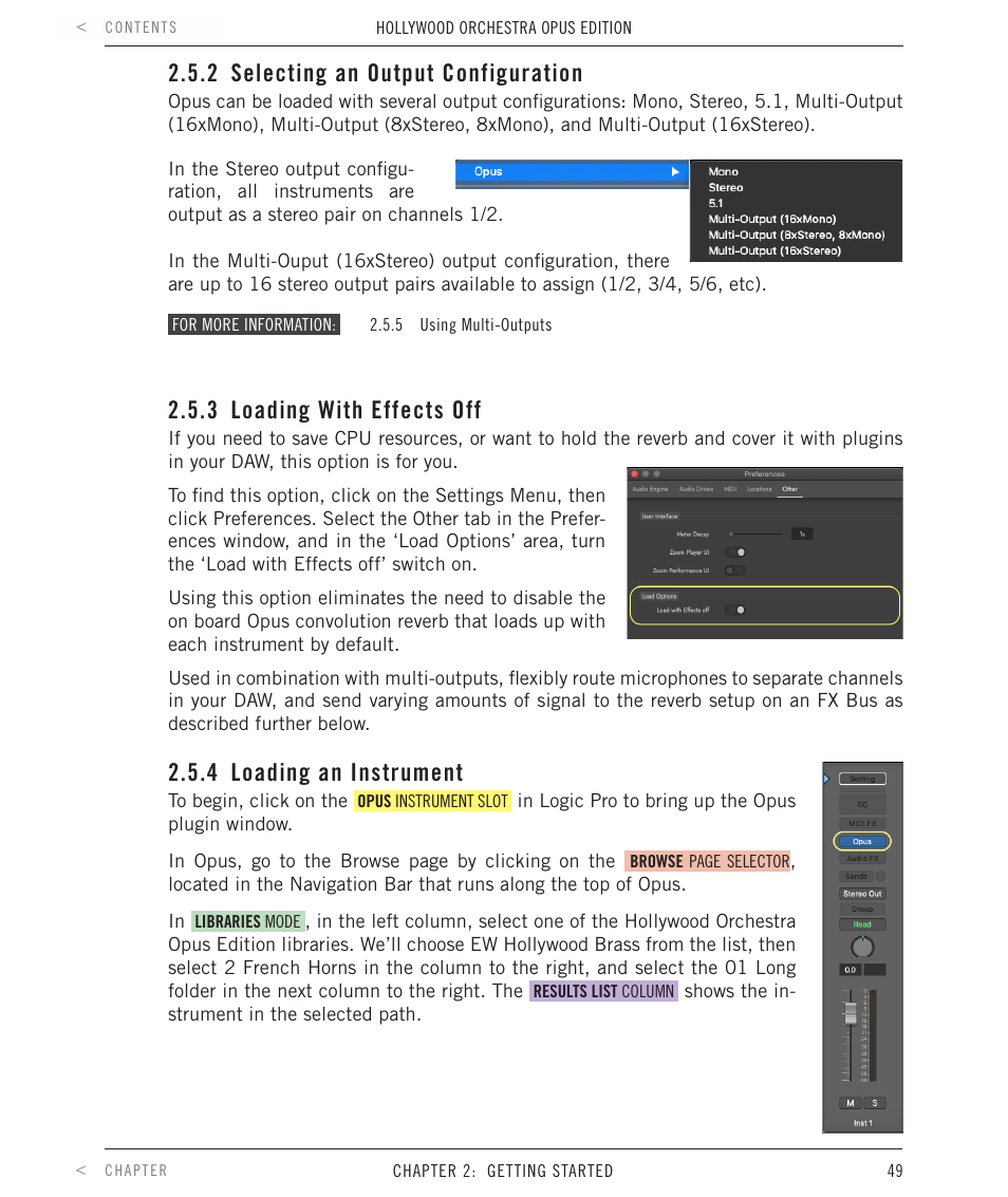 2 selecting an output configuration, 3 loading with effects off, 4 loading an instrument | Selecting an output configuration, Loading with effects off, Loading an instrument | EastWest Hollywood Orchestra Opus Edition Virtual Instrument Plug-In (Download) User Manual | Page 49 / 228